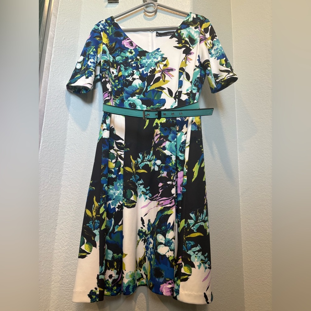 Chetta B Blue and Green Fit and Flare V-Neck Dress